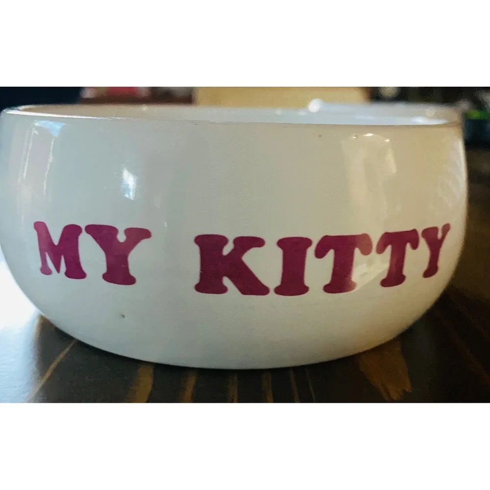 Vintage Ceramic Cat Bowls Set of 2 My Kitty White Burgundy Brown Stoneware